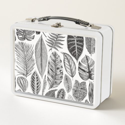 Exotic leaves vintage floral black and white metal lunch box