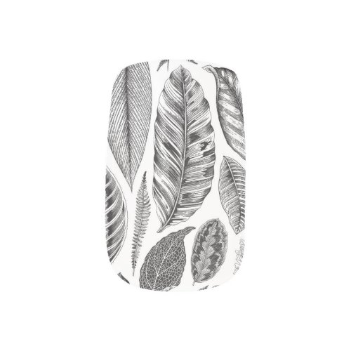 Exotic leaves vintage floral black and white minx nail art