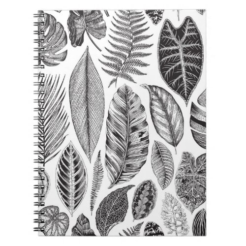 Exotic leaves vintage floral black and white notebook