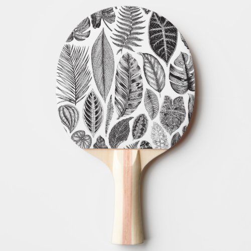 Exotic leaves vintage floral black and white ping pong paddle