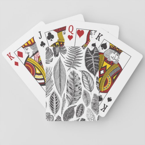 Exotic leaves vintage floral black and white playing cards