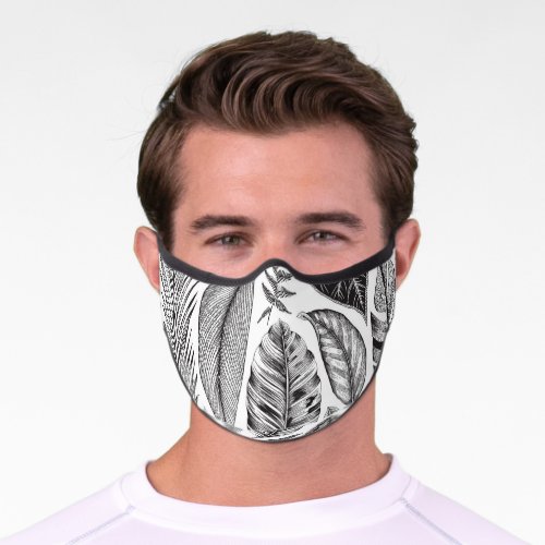 Exotic leaves vintage floral black and white premium face mask