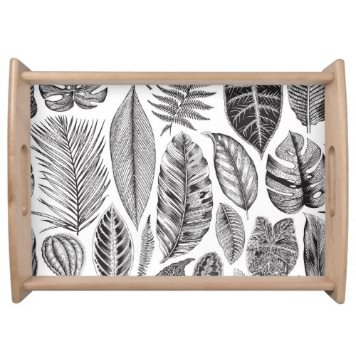 Exotic leaves vintage floral black and white serving tray