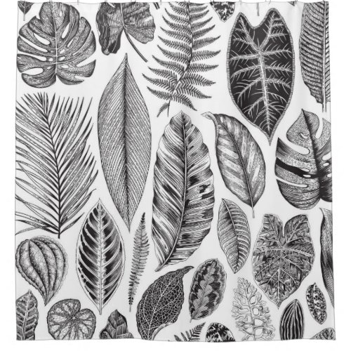 Exotic leaves vintage floral black and white shower curtain