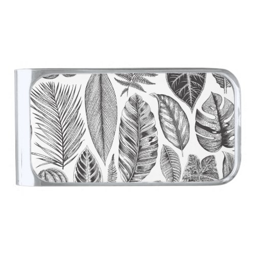Exotic leaves vintage floral black and white silver finish money clip