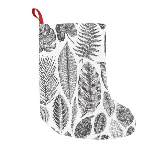 Exotic leaves vintage floral black and white small christmas stocking