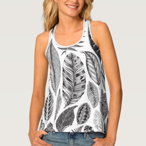 Exotic leaves vintage floral black and white tank top