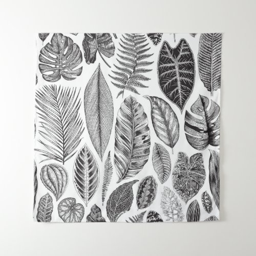 Exotic leaves vintage floral black and white tapestry