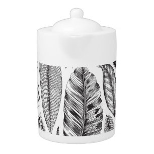 Exotic leaves, vintage floral black and white. teapot