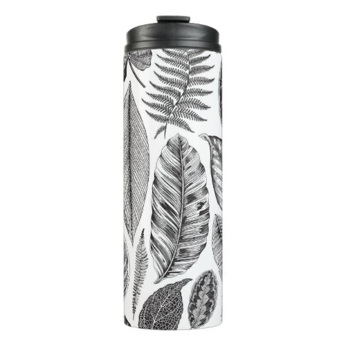 Exotic leaves vintage floral black and white thermal tumbler