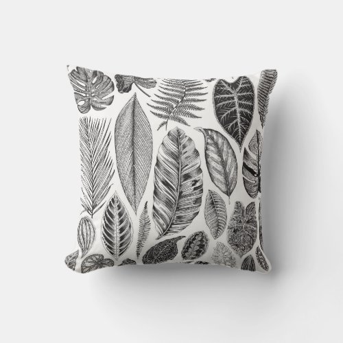 Exotic leaves vintage floral black and white throw pillow