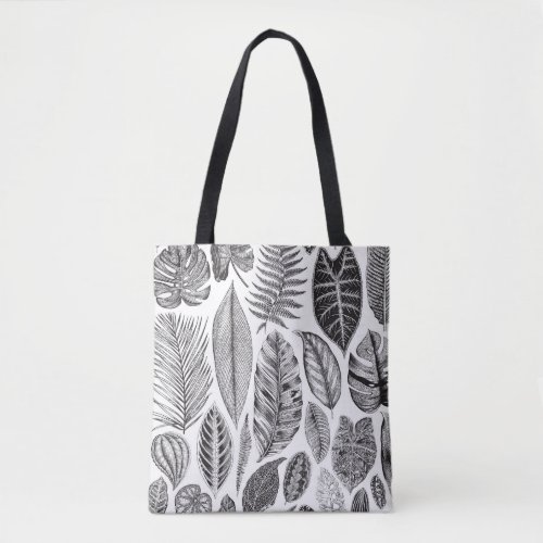 Exotic leaves vintage floral black and white tote bag