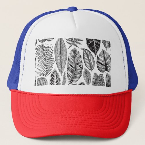 Exotic leaves vintage floral black and white trucker hat