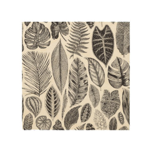 Exotic leaves, vintage floral black and white. wood wall art