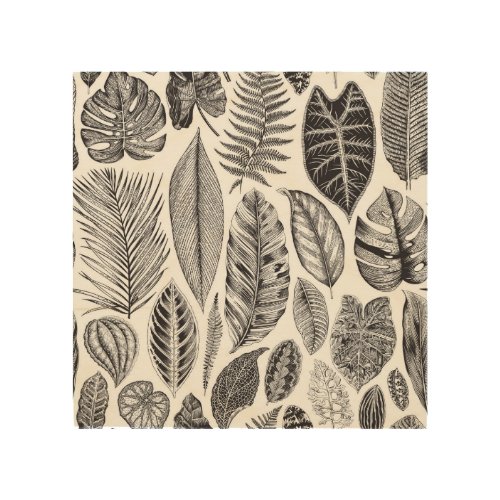 Exotic leaves vintage floral black and white wood wall art