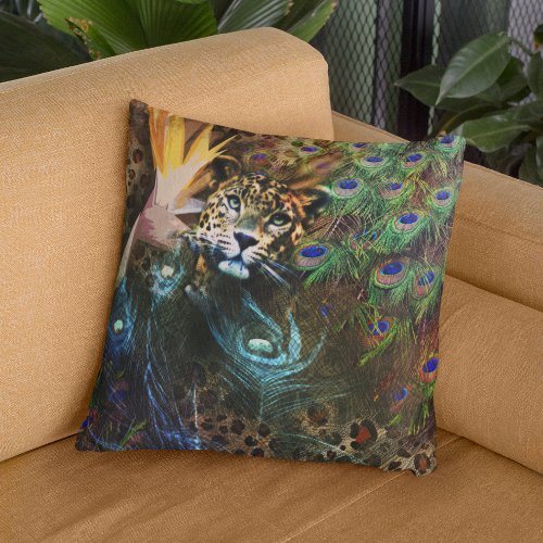 Exotic Leopard Peacock Feathers Floral Throw Pillow