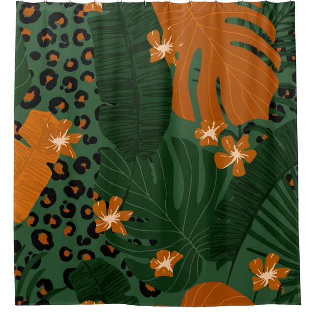 Exotic Leopard Tropical Leaves Pattern Shower Curtain (Front)