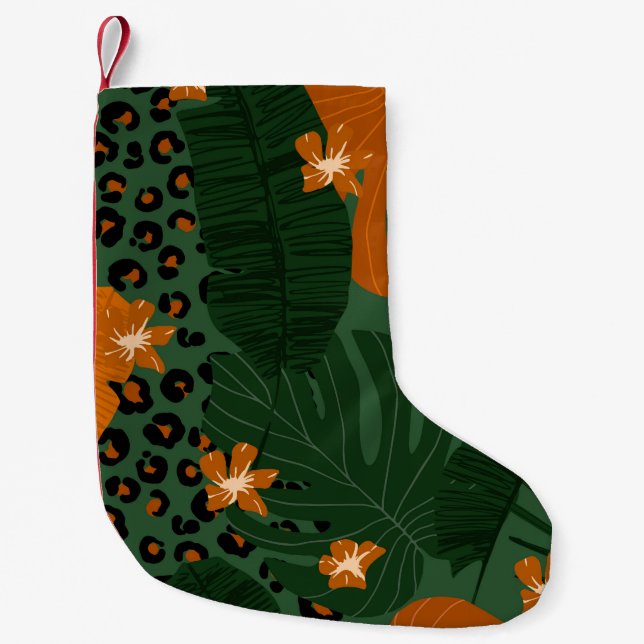 Exotic Leopard Tropical Leaves Pattern Small Christmas Stocking (Front)
