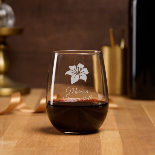 Exotic Lily Flower Custom Name Stemless Wine Glass