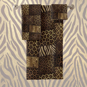 Exotic Luxury Gold + Brown Animal Print Bath Towel Set