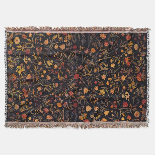 Exotic Midnight Floral Garden Throw Blanket (Front)