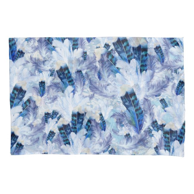 Exotic Mix Blue Bird feather Print Pillow Case (Front-Left)