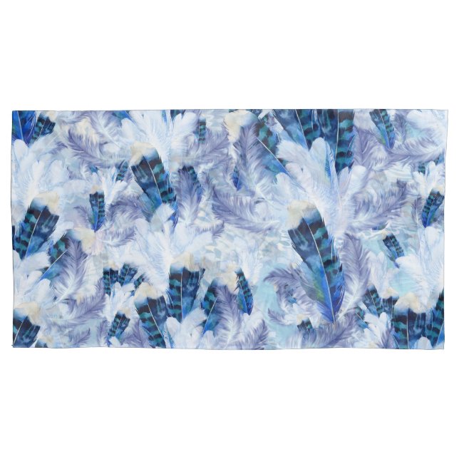 Exotic Mix Blue Bird feather Print Pillow Case (Front-Left)
