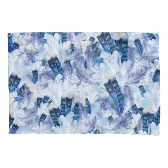 Exotic Mix Blue Bird feather Print Pillow Case (Front)