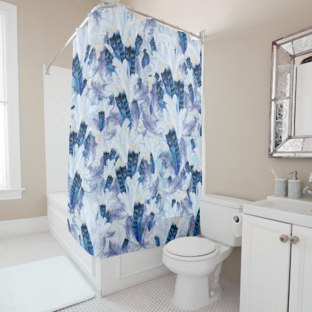 Feather Shower Curtain Wreath with Bird Design Print for Bathroom 