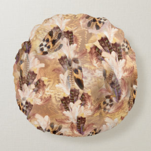 Exotic Mix Brown Tones Bird feather Print Round Pillow
