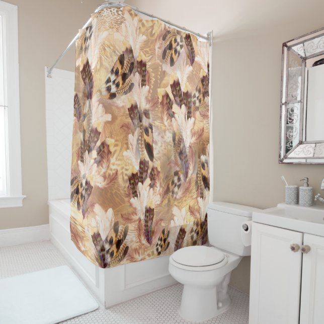Exotic Mix Brown Tones Bird feather Print Shower Curtain (In Situ)