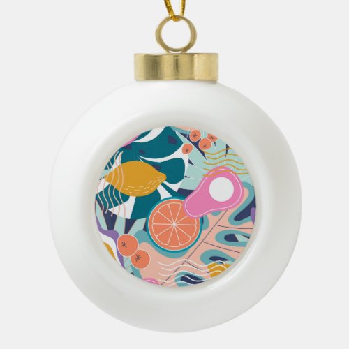 Exotic modern jungle collage ceramic ball christmas ornament