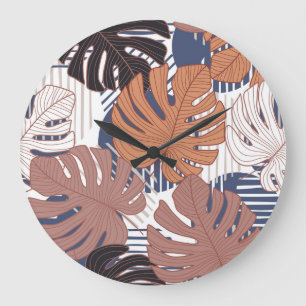 Exotic monstera leaves, vintage tropical. large clock