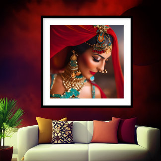 Exotic moroccan woman Rustic red Gold Green blue Poster