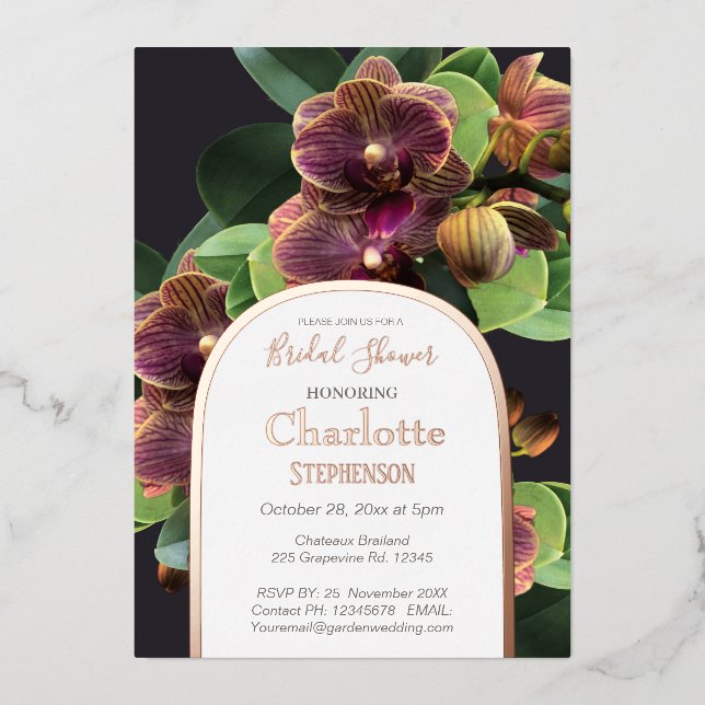 Exotic Orchids  Bridal Shower Rose Gold  Foil Inv Foil Invitation (Front)
