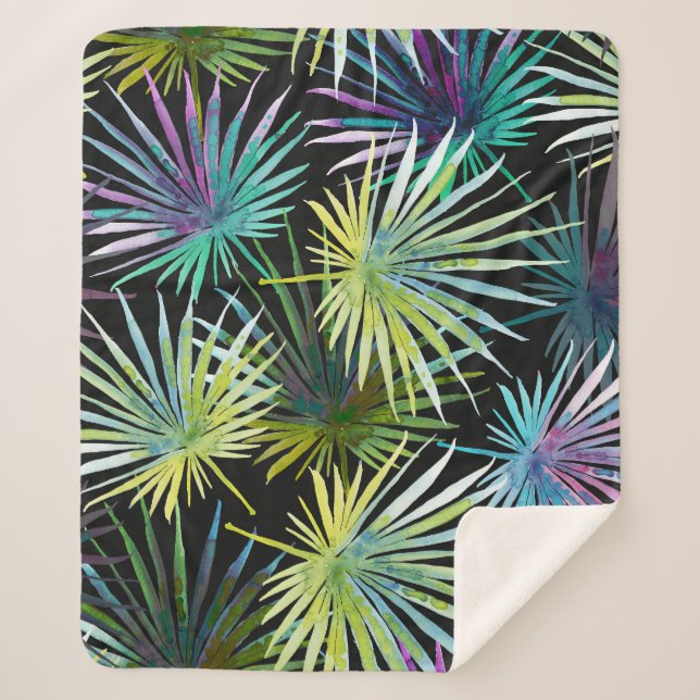 Exotic Palm Leaves Watercolor Sherpa Blanket (Front)