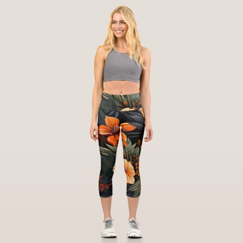 Exotic palm leaves with colorful blooms capri leggings