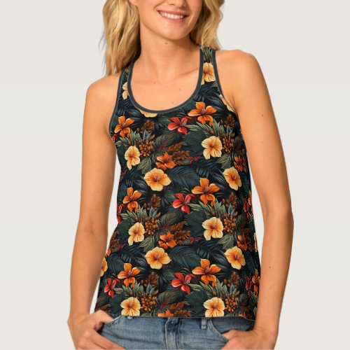 Exotic palm leaves with colorful blooms tank top