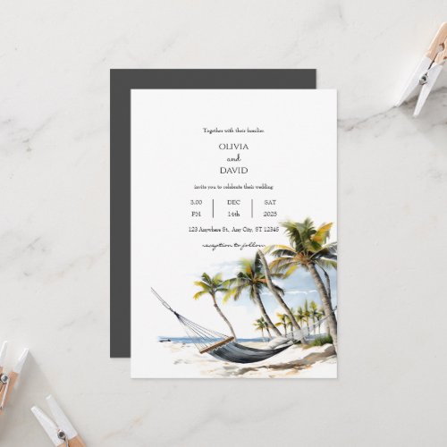 Exotic Palm Trees Hammock Relaxation Beach Wedding Invitation