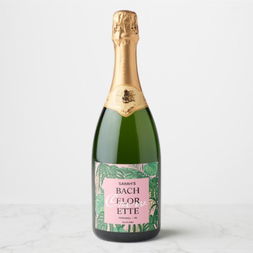 Exotic Palm Tropical Pink Bachelorette Crew Party  Sparkling Wine Label