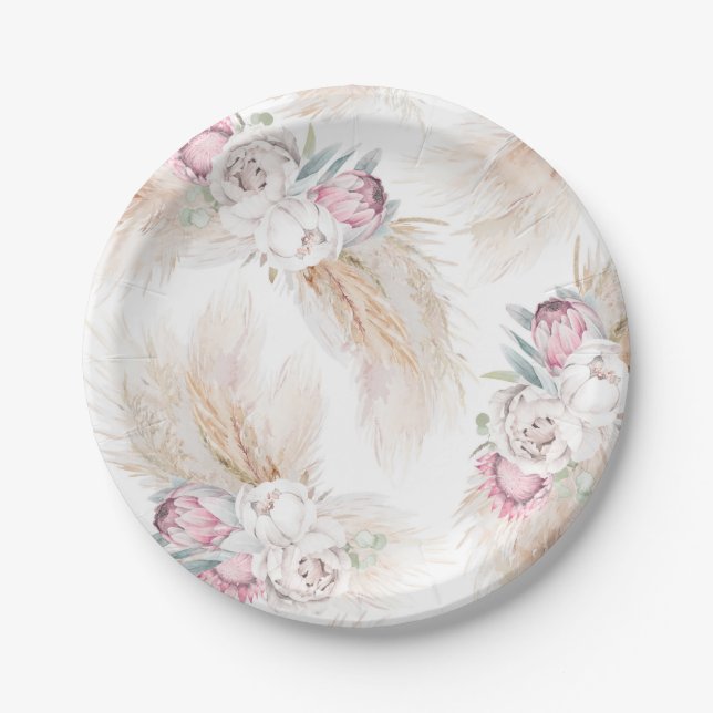 Exotic Pampas Grass King Protea Flowers Any Party Paper Plates (Front)