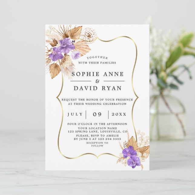  Exotic Pampas Grass Purple Orchids Gold Wedding Invitation (Standing Front)