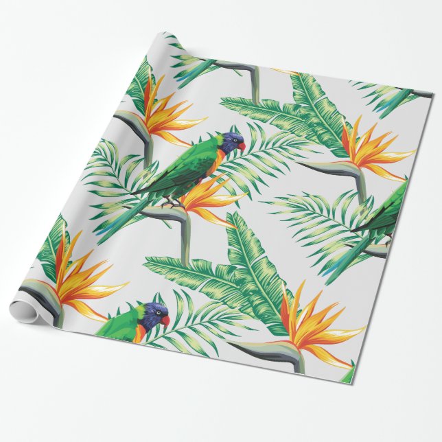 Exotic Parrot And Orange Flowers Wrapping Paper (Unrolled)