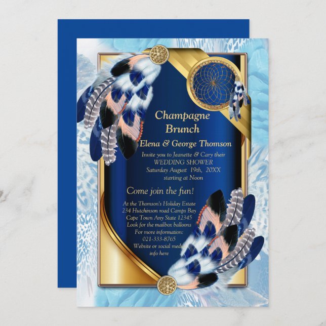 Exotic-Parrot Blue tone feathers Couple Shower Invitation (Front/Back)