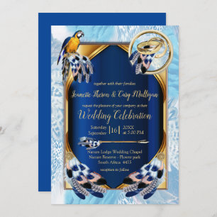 Exotic-Parrot Blue tone feathers Wedding Invitation