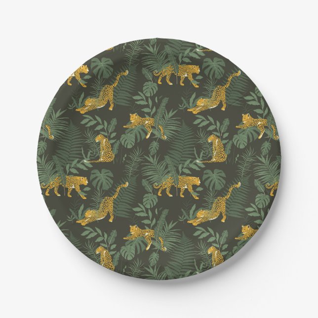 Exotic Party Tropical Rainforest Leopard Pattern Paper Plates (Front)