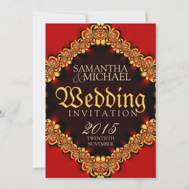Exotic Passion Red Gold Wedding Invitations (Front)