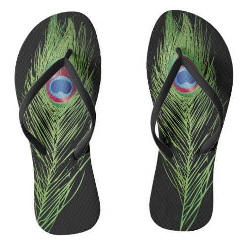 Exotic Peacock Feather on Black  Flip Flops