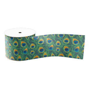 Exotic Peacock Feather Pattern Jewel Green Grosgrain Ribbon