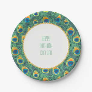 Exotic Peacock Feather Pattern Jewel Green Paper Plates